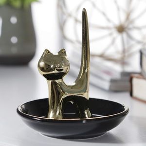 Sagebrook Gold Cat Ring Jewelry Bracelet Ceramic Cat Trinket Tray Holder
